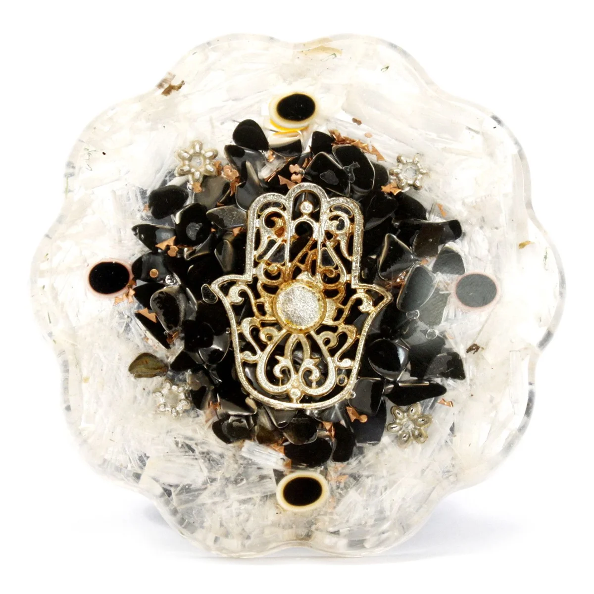 orgonite desk power pack in Hamsa shape with bright Sellonite core, black organic material frame
