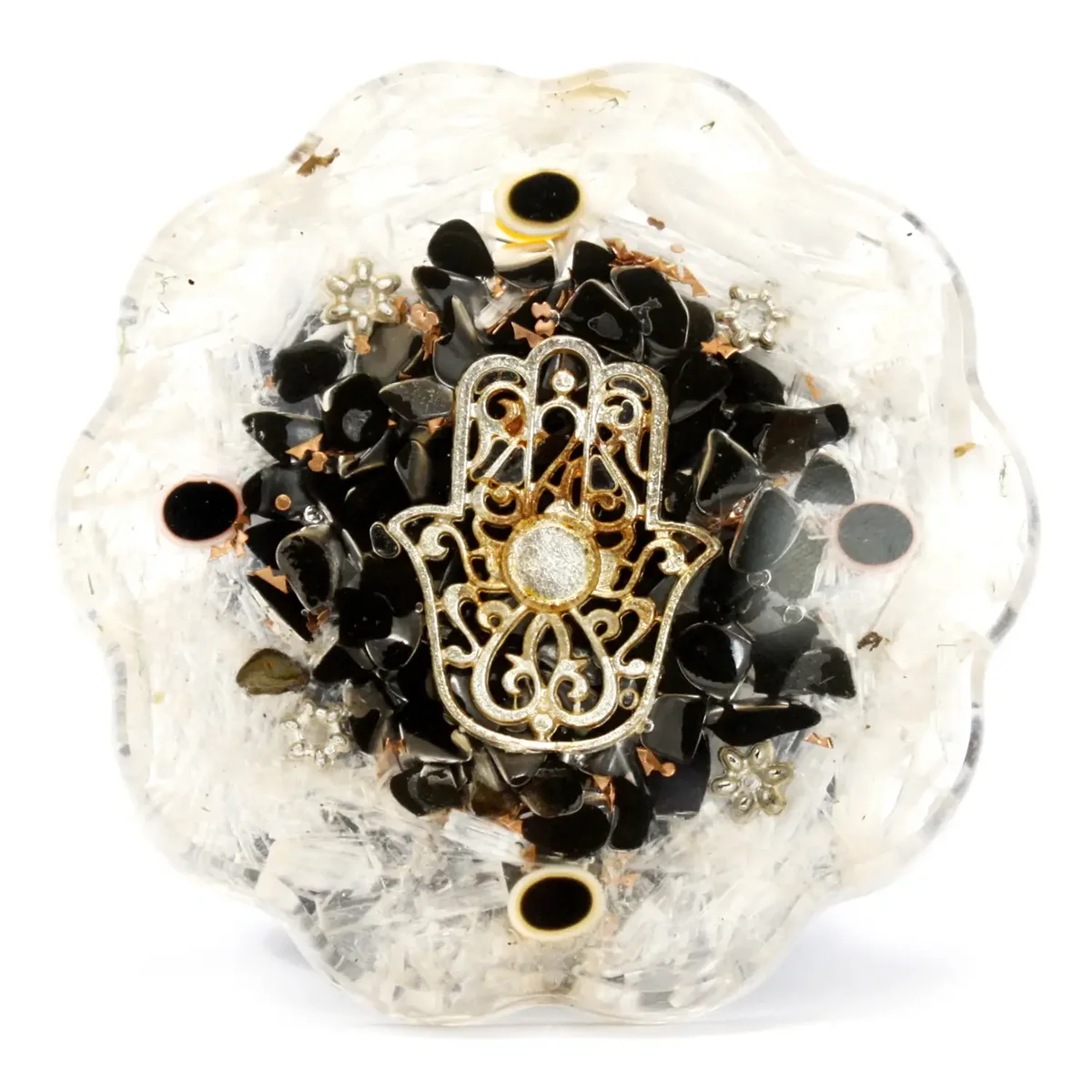 Hamsa-shaped orgonite desk power pack featuring Sellonite crystals.
