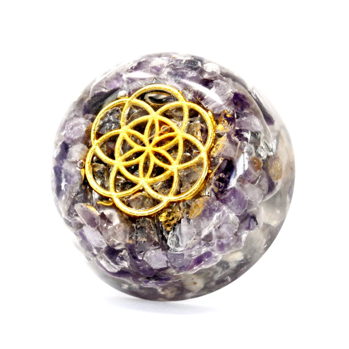 Amethyst dome desk power pack with polished stone surface and wooden base.