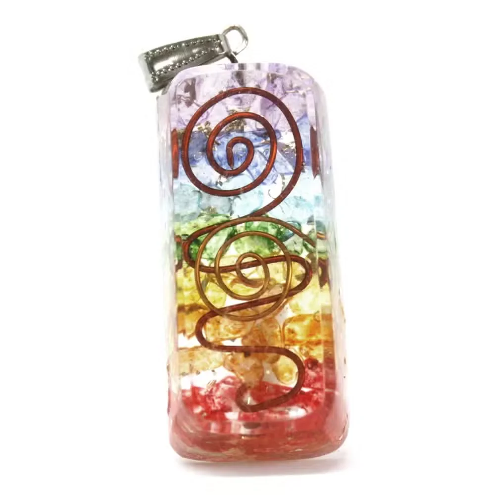 Rainbow pendant featuring Orgonite power attractor in copper finish