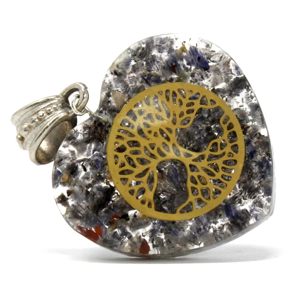 Orgonite necklace featuring a heart-shaped pendant with Tree of Life design