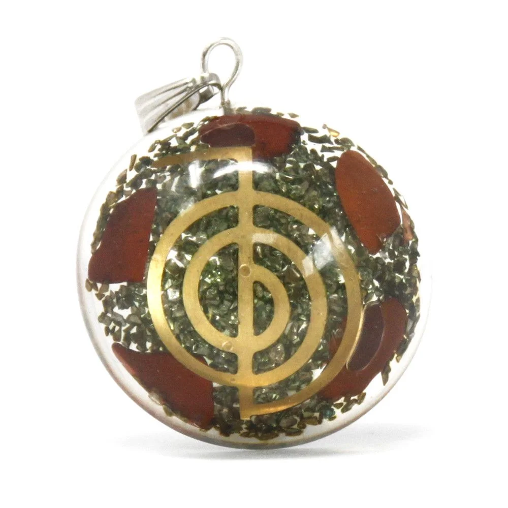 Orgonite power pendant with a symbolic power dome design in a polished, rounded shape on a white background