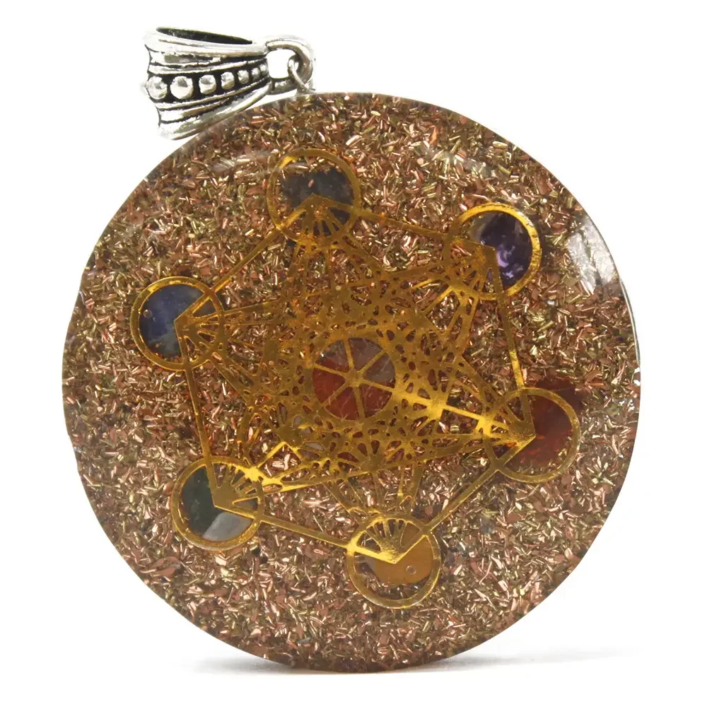 Large orgonite multi power chakra pendant with colorful stones arranged in a circular pattern on a silver chain