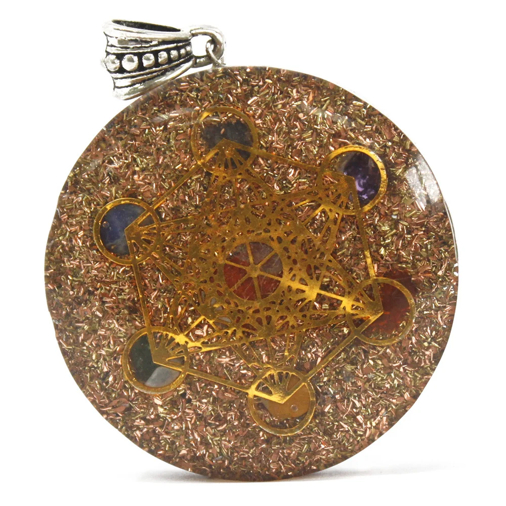 Large orgonite necklace with multi power chakra design pendant in vibrant colors on black cord