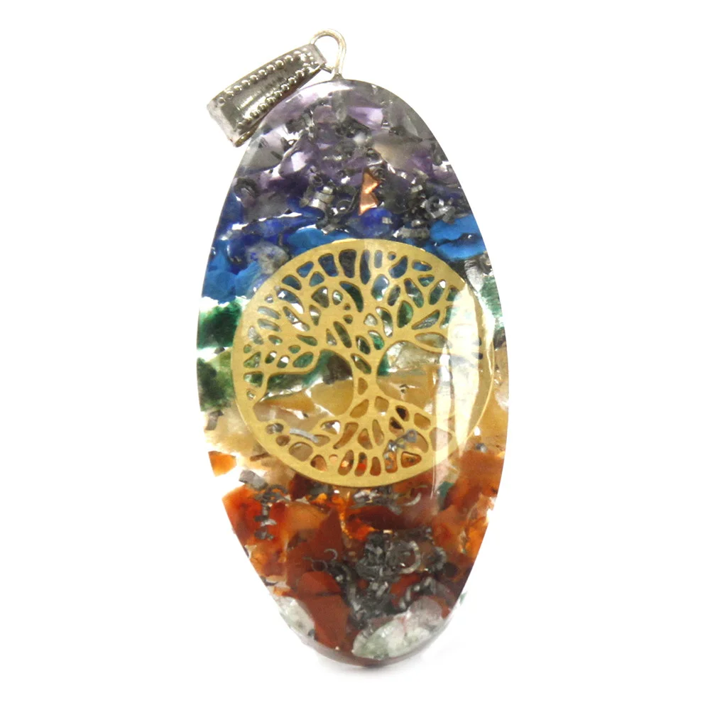 Orgonite power pendant chakra oval necklace with seven colorful stones and a tree design in an oval shape