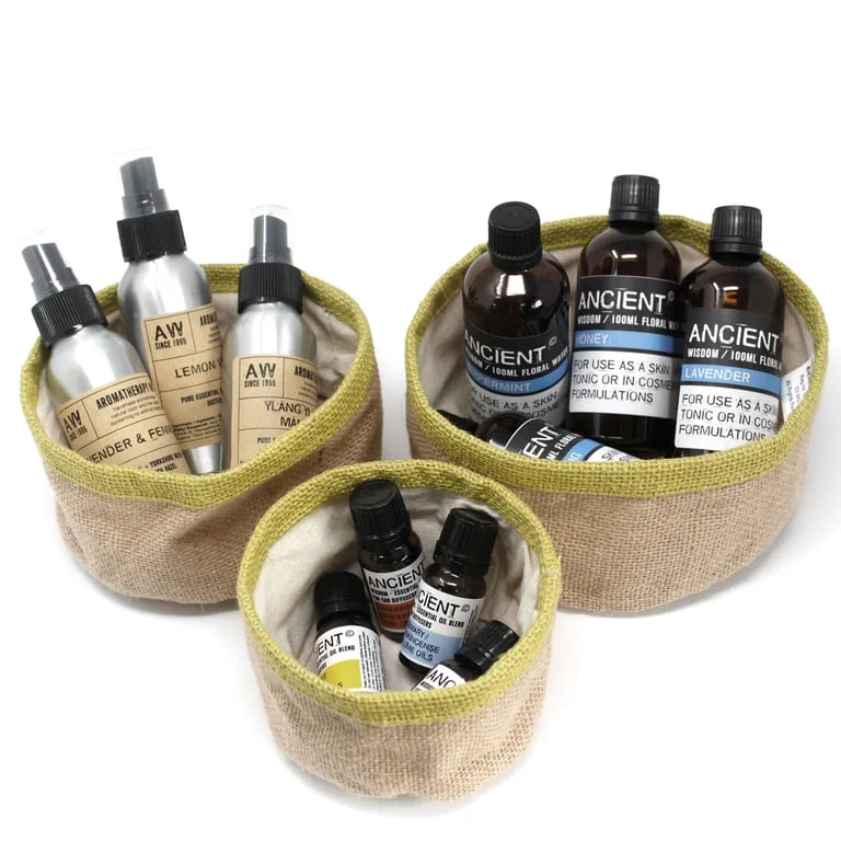 Charcoal storage baskets, natural jute set of three woven wicker containers.