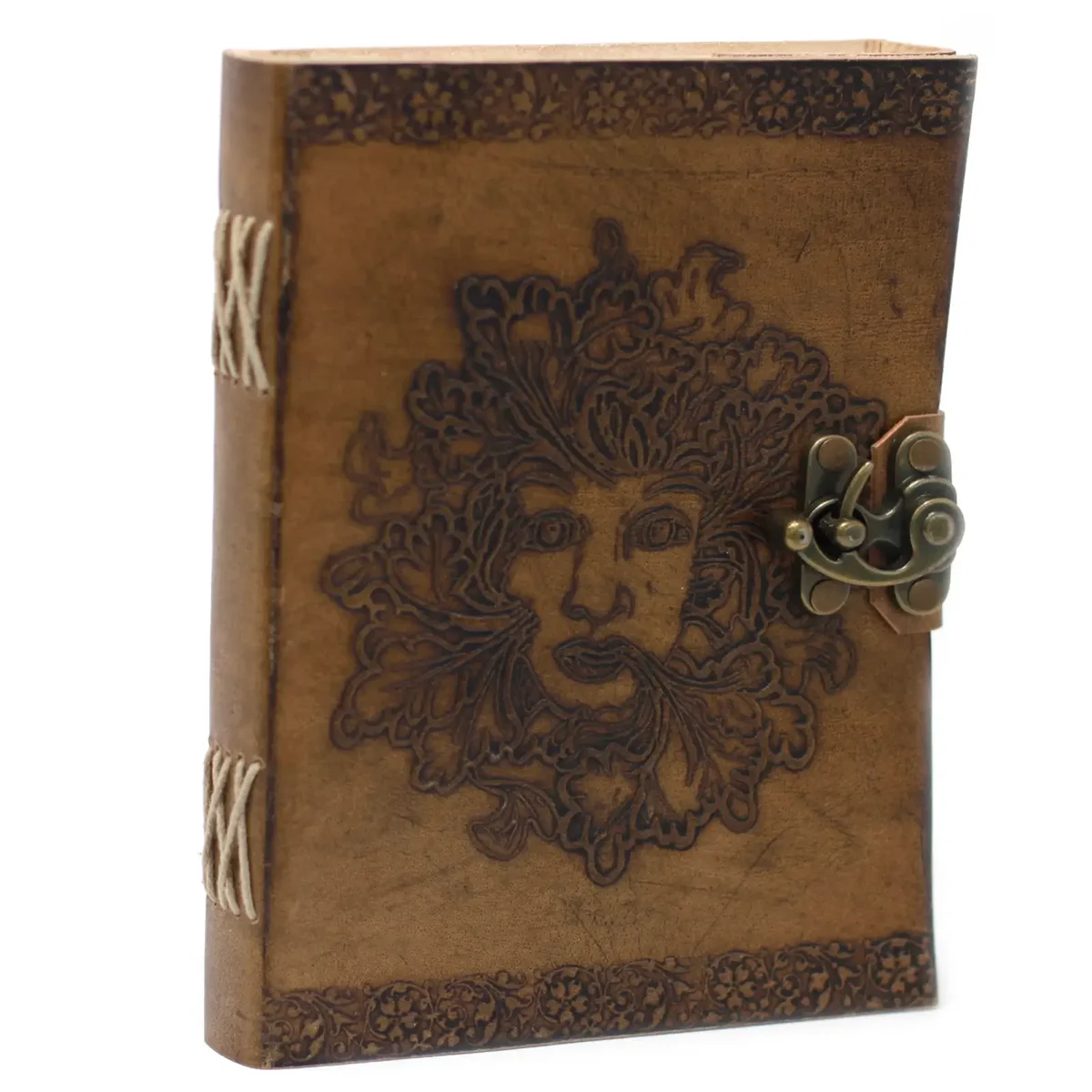 Greenman notebook with green leather cover, 6x8 inch size, closed and lying flat on white background