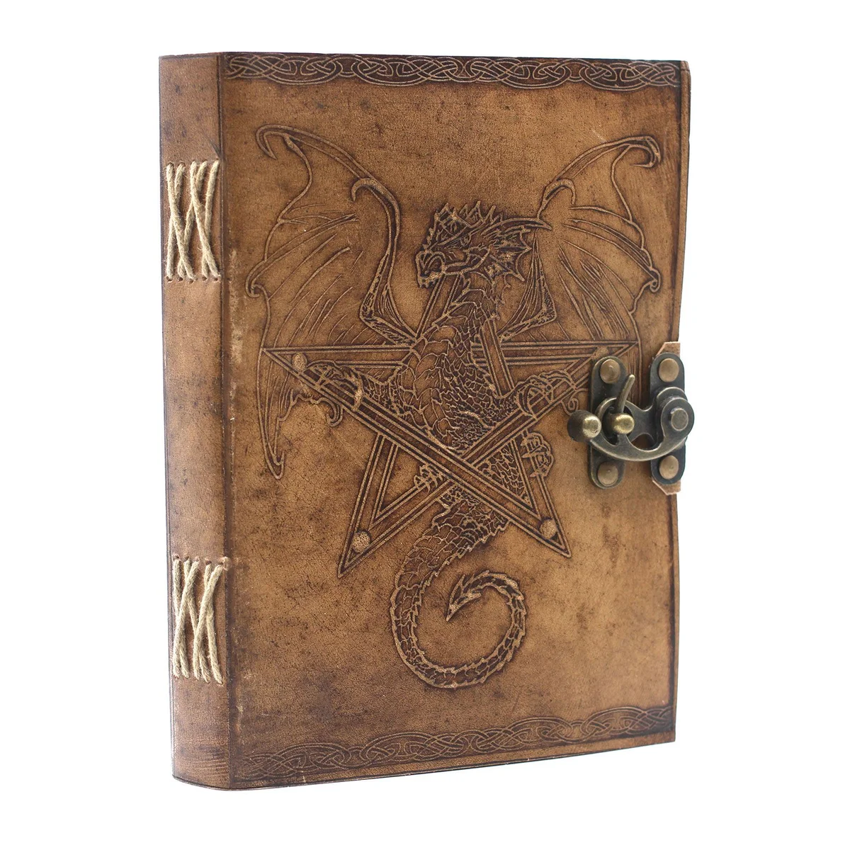 Leather dragon notebook with a 6x8 inch leather cover featuring embossed dragon design on the front