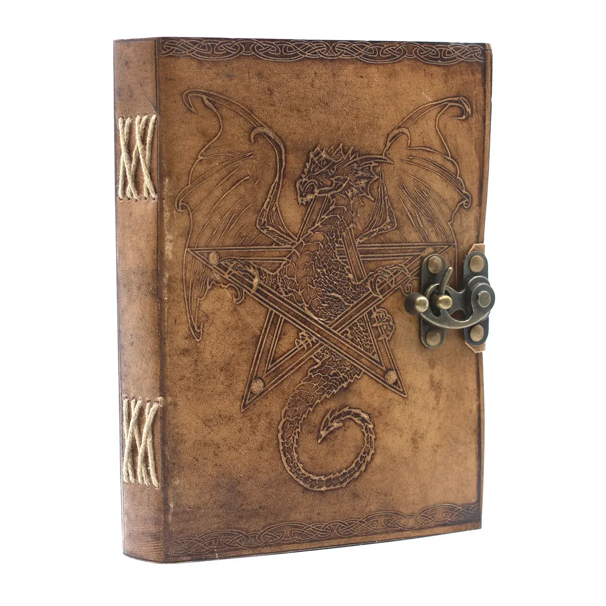 Leather dragon notebook 6x8 with embossed dragon design on brown leather cover closed on white background