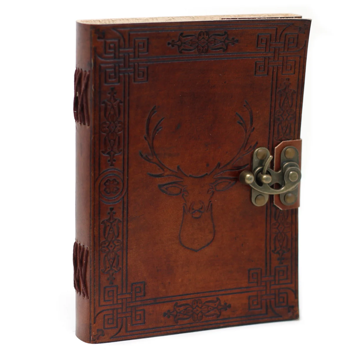 Leather cover notebook with stag design on front, sized 6x8 inches, closed on a white background