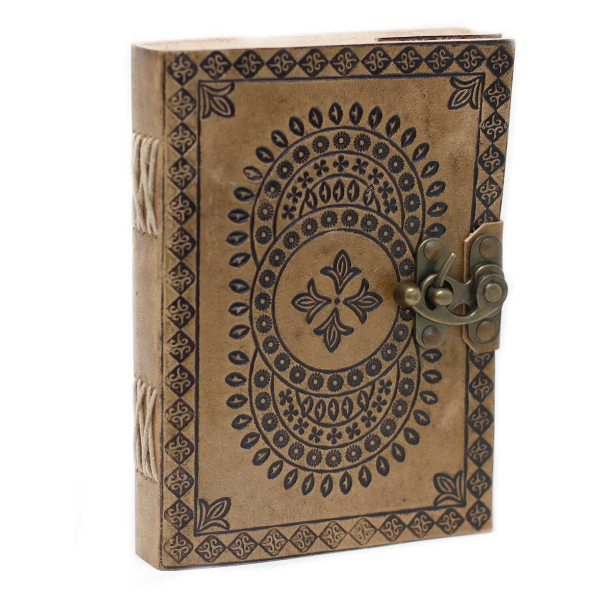 Blue leather notebook 7x5 with intricate mandala design on the cover, closed and lying flat on a white surface
