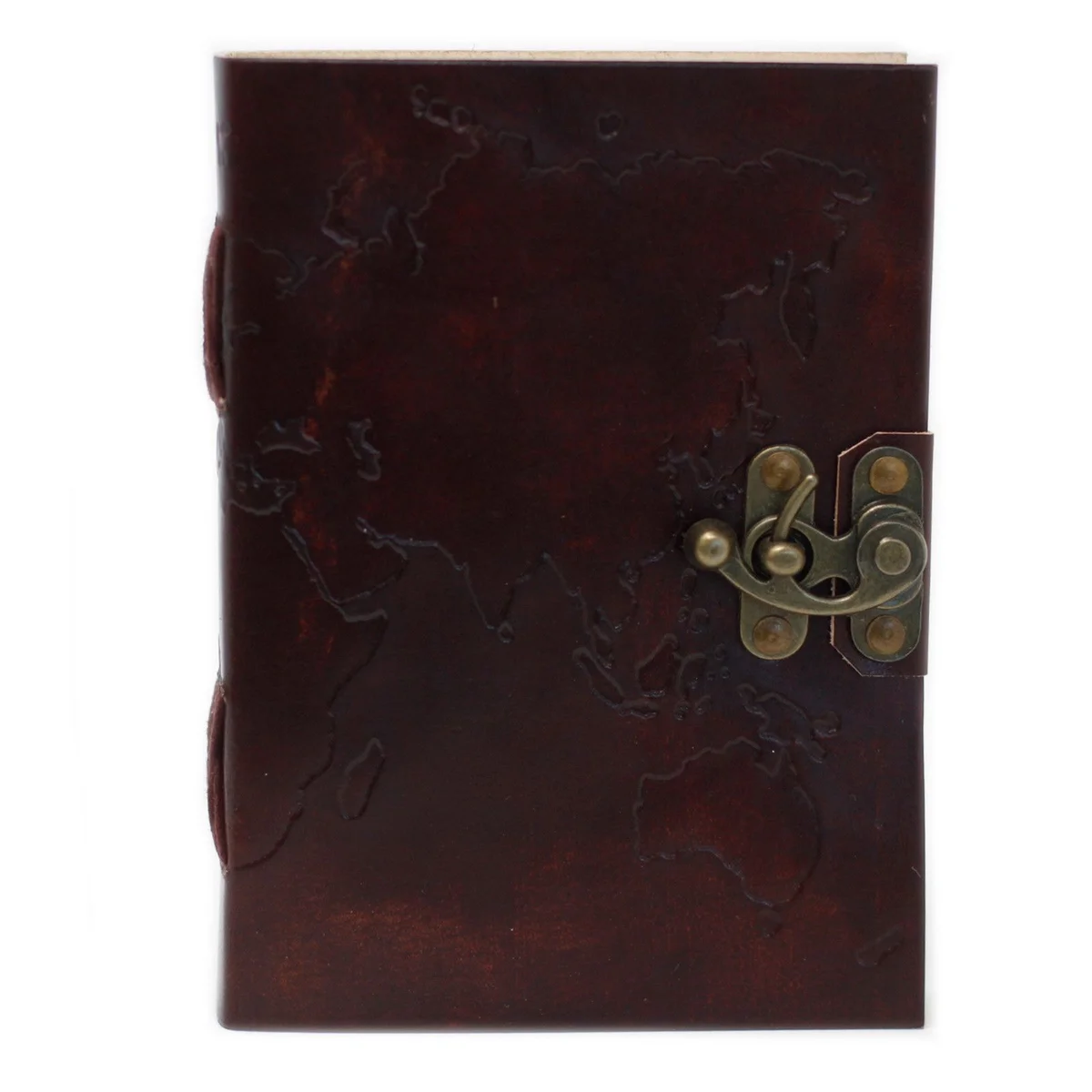 Leather world map notebook with stitched detailing, 7x5 inches, closed showing textured leather cover and map design