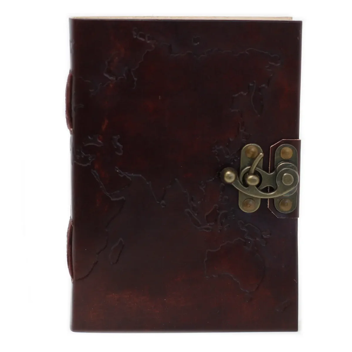 Stitched leather notebook with a world map design on the cover, 7x5 inches in size, closed view