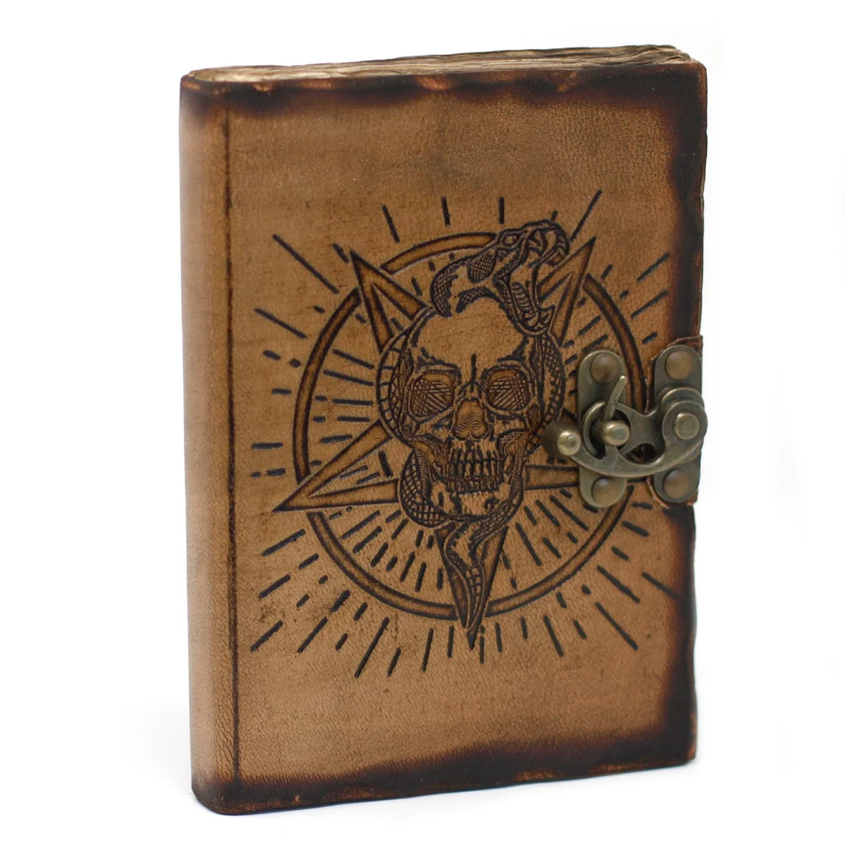 Leather notebook with pentagon and skull design featuring burn details, size 7x5 inches, closed on white background
