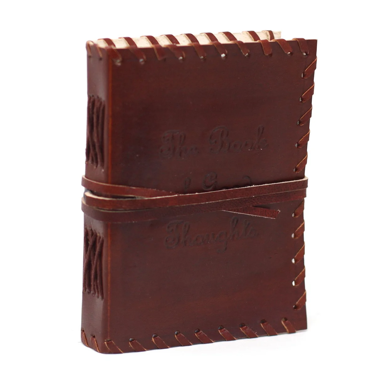 Compact 6x4 inch leather wrap notebook with a soft brown leather cover and secure wrap closure
