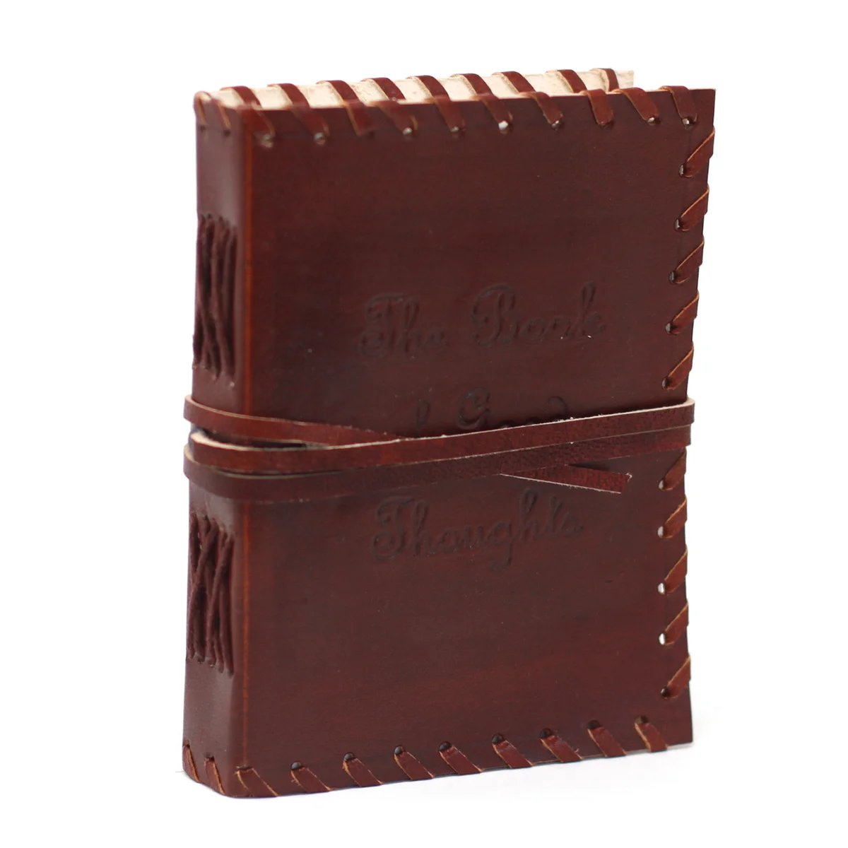 Brown leather wrap notebook journal with a 6x4 inch size, closed and secured with a leather strap wrap