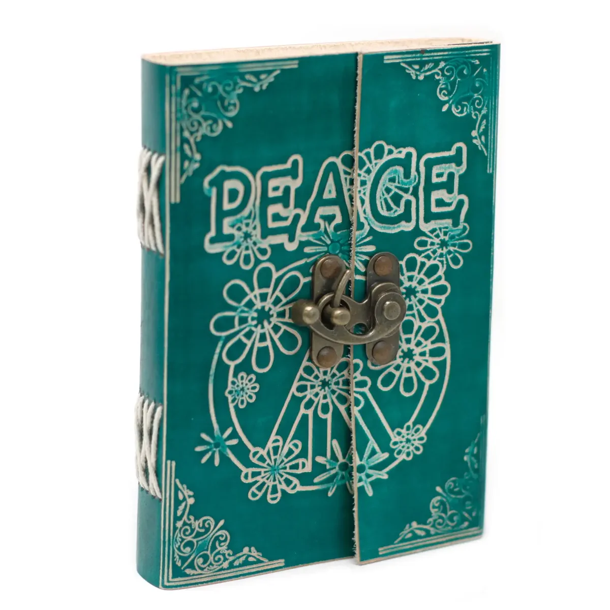 Green leather notebook with peace symbol embossed on cover and a small lock, size 7x5 inches