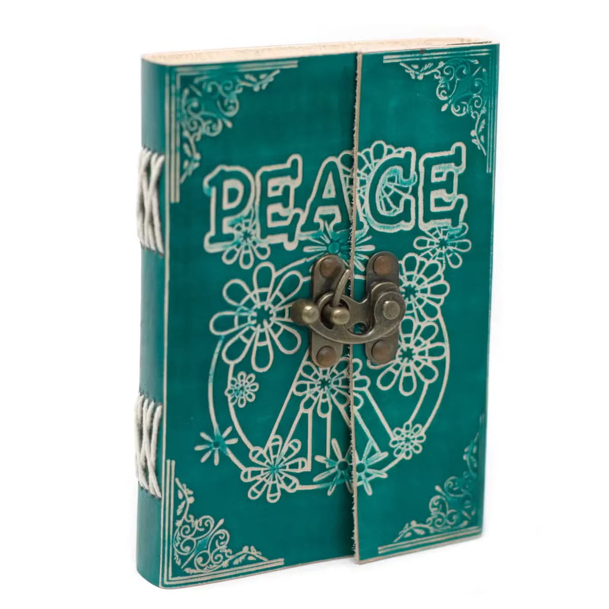 Green leather peace symbol notebook with lock, measuring 7 by 5 inches, closed view on white background