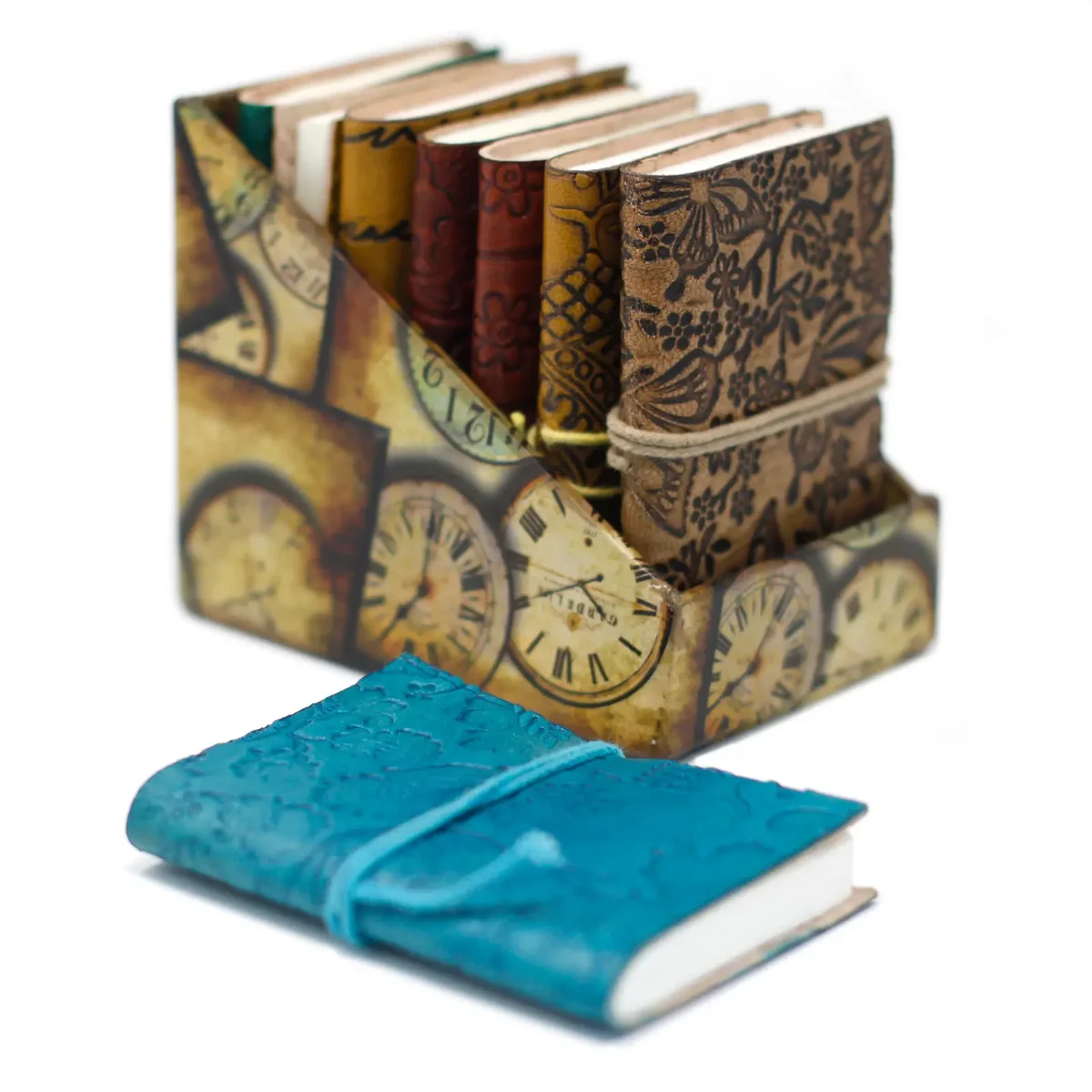 Small leather notebook in assorted colors, measuring 4 by 3 inches, single piece shown on plain background