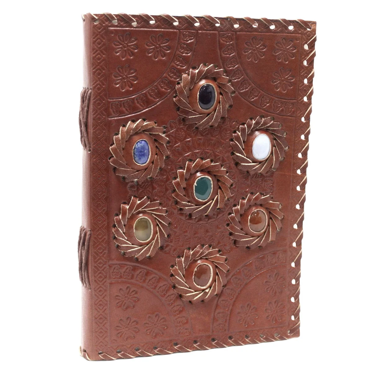 Leather chakra notebook with stone design on cover, 6x9 inches, bound in brown leather material