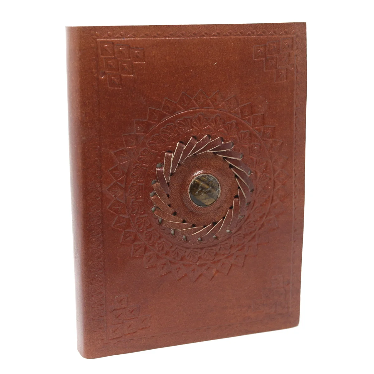 Closed leather tigereye journal measuring 7x5 inches with a smooth brown cover on a white background