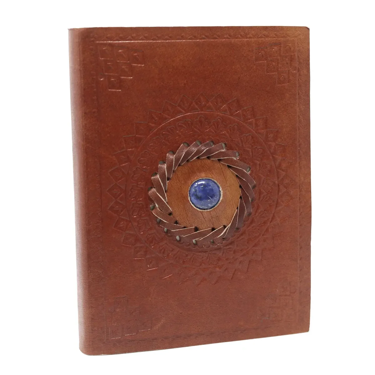 Leather notebook 7x5 with lapis blue leather cover, closed, showing smooth texture and stitched edges