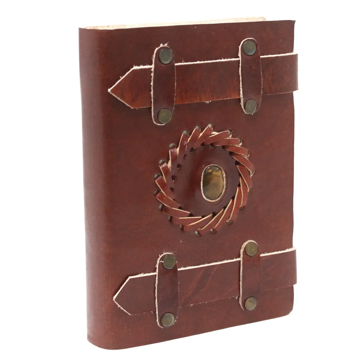 Leather Tigereye 6x4 inch notebook with belts closure, brown leather cover, compact and portable design