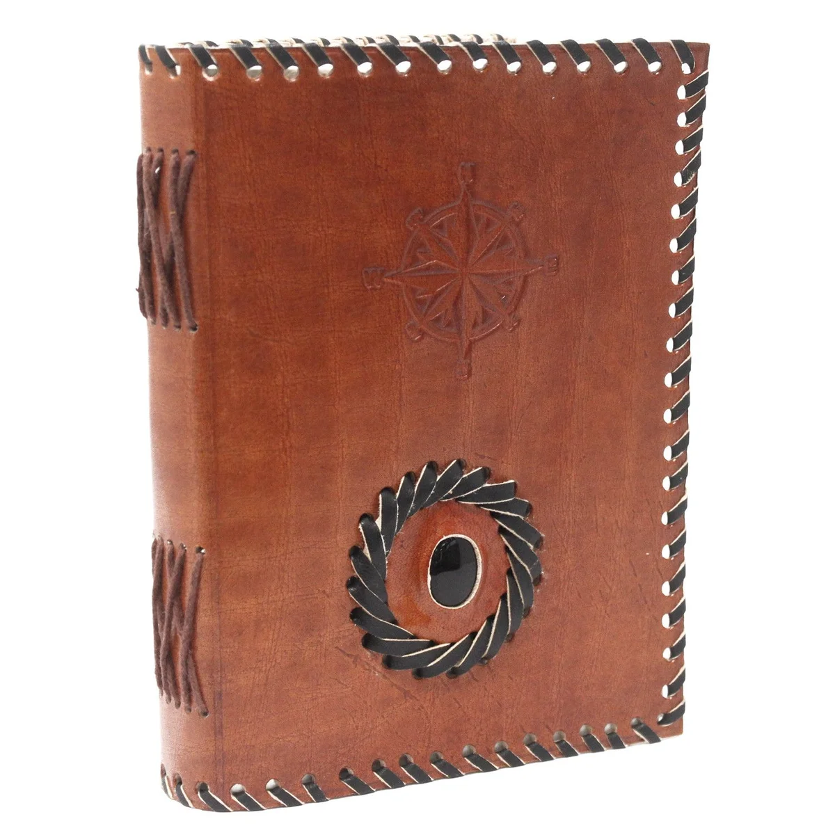 Black leather notebook with onyx finish and compass design, size 7x5 inches, closed view on white background