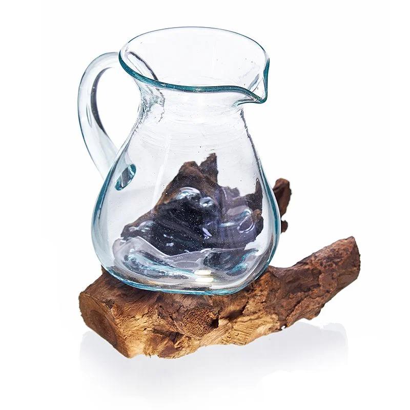 Molten glass water jug with wooden base, showcasing handcrafted molten glass on wood design
