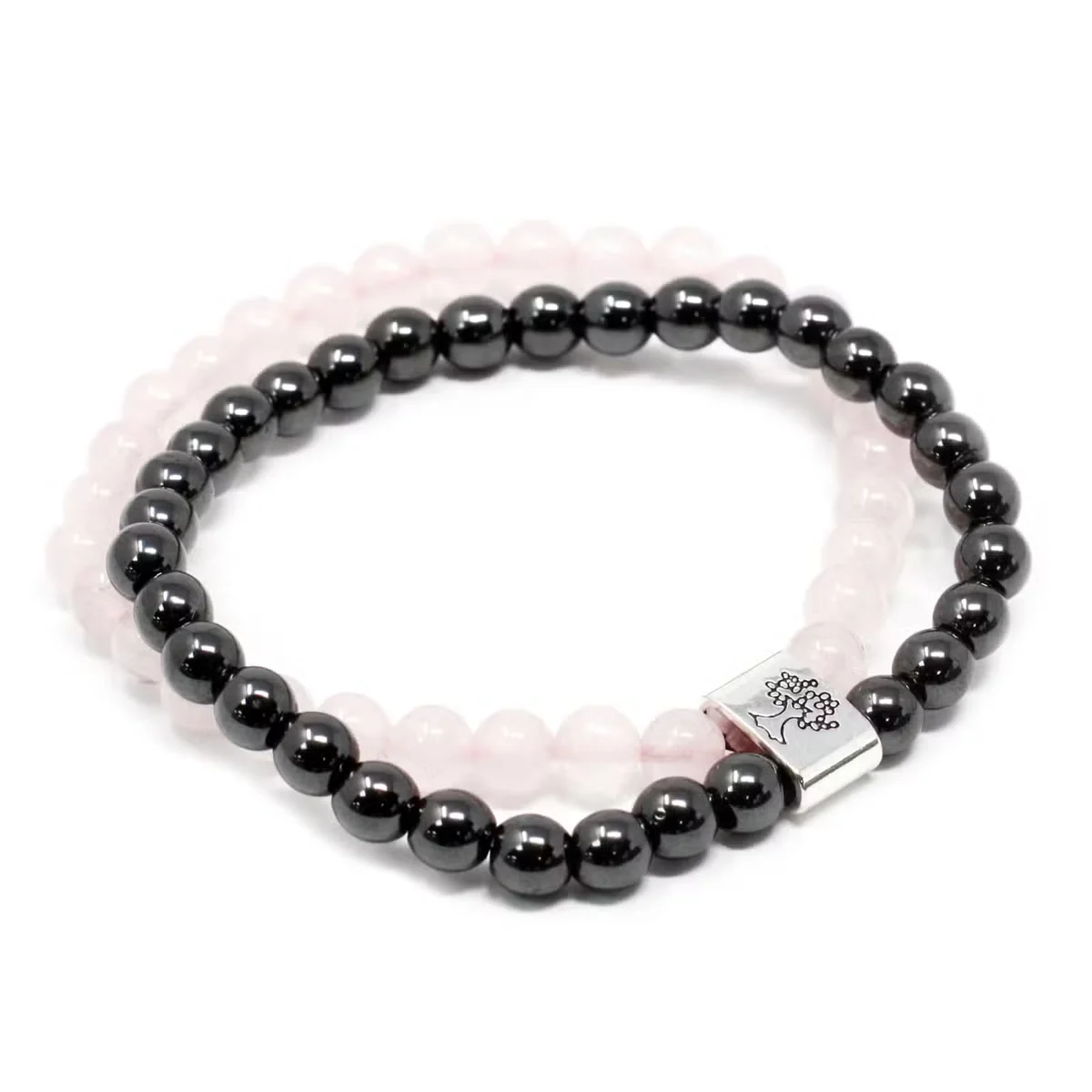 Rose quartz magnetic healing bracelet displayed.