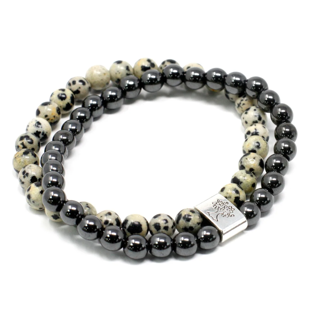 Magnetic gemstone bracelet with Dalmation Jasper stone on a clear chain.