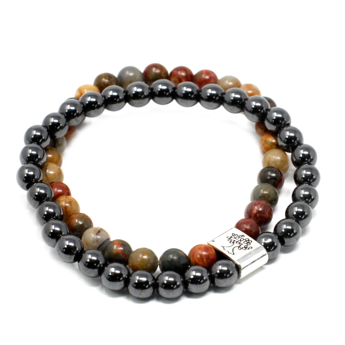 Magnetic gemstone bracelet in Picasso Jasper showcasing vibrant stone beads and magnetic clasp on a wrist