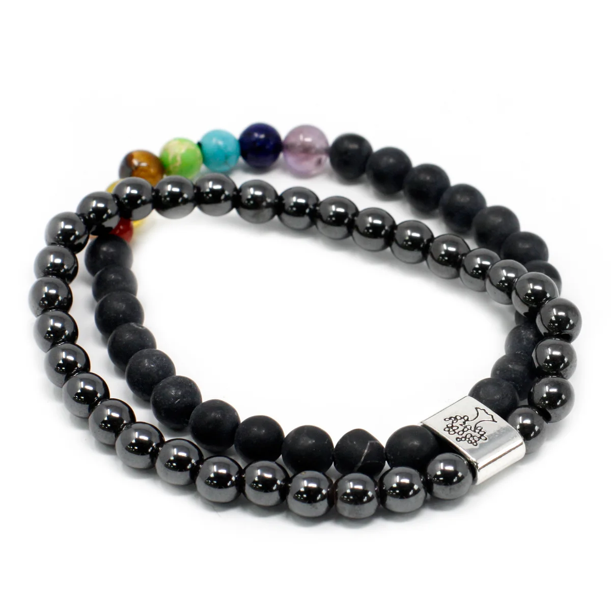 Black magnetic chakra bracelet featuring a sleek black stone piece and fine bead detailing.
