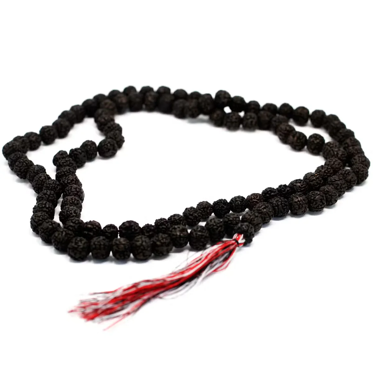 108 bead dark rudraksha mala in a close‑up view, showing each bead.