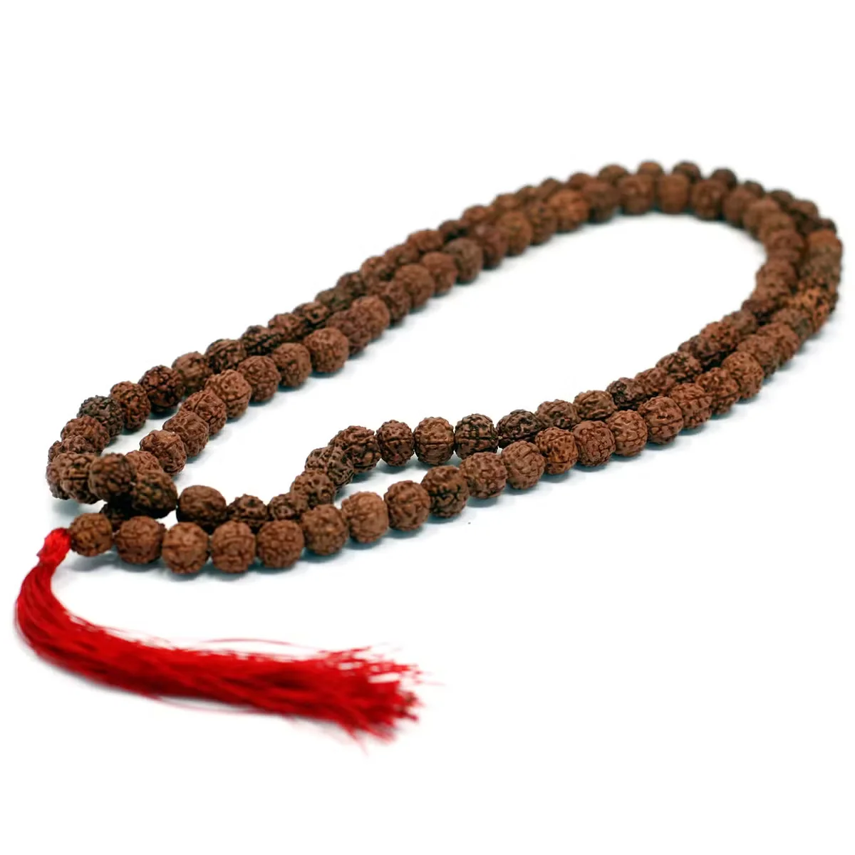 Brown 108‑count Rudraksha mala necklace.