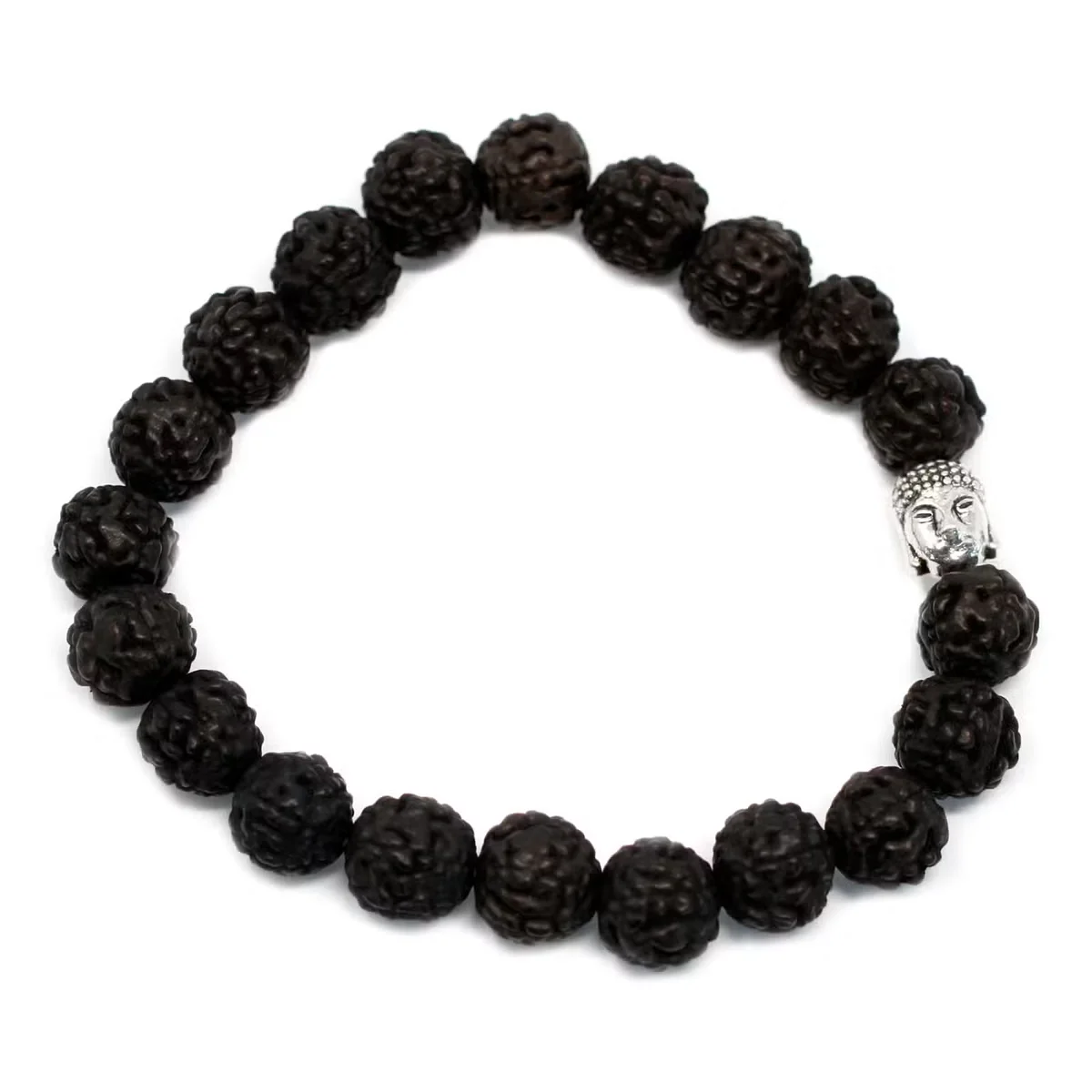 Dark Rudraksha mala featuring buddha bangle design, woven black beads in elegant string.