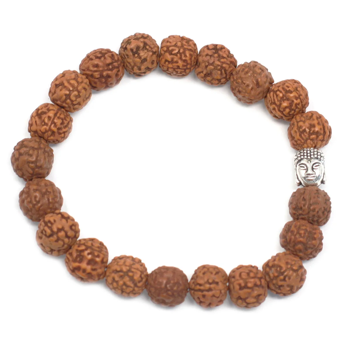 Brown Rudraksha mala bracelet featuring Buddha beads arranged in a circular bangle style on a white background