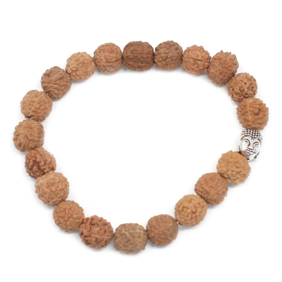 Natural Rudraksha Buddha bangle mala featuring round beads strung together in a circular bracelet design