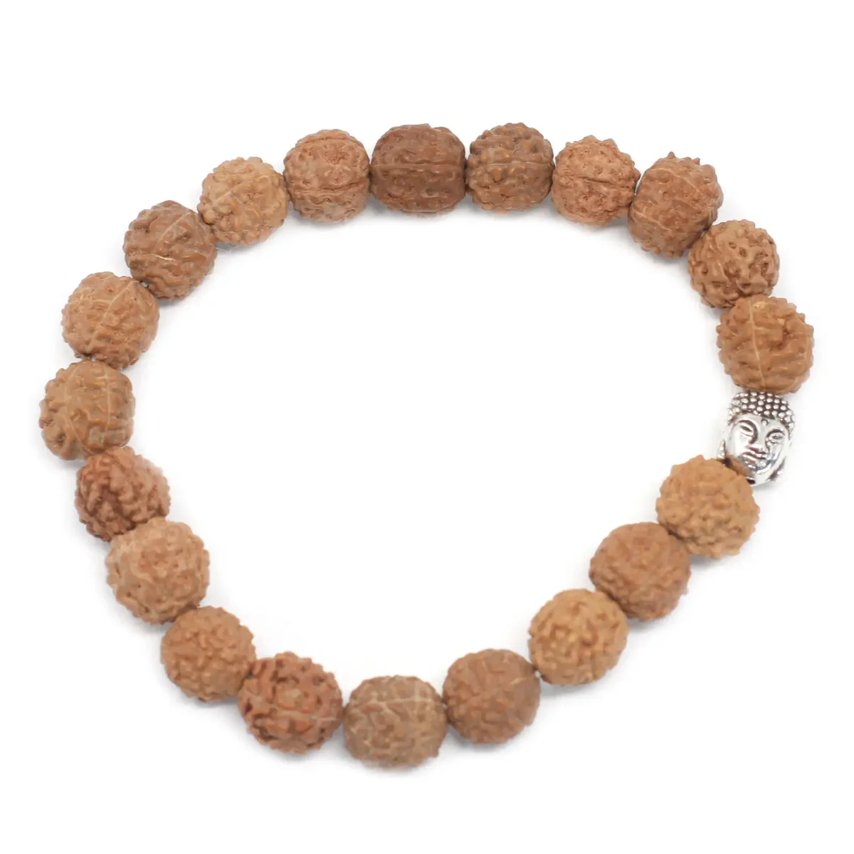 Natural Rudraksha mala featuring a Buddha bangle design with brown textured beads on a white background