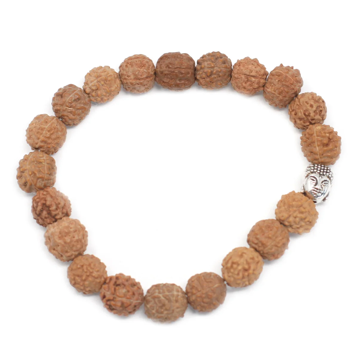 Natural Rudraksha Buddha bangle bracelet with textured beads arranged in a circular mala design on white background
