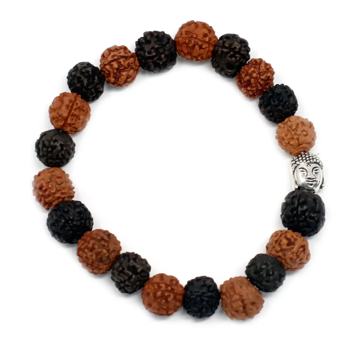 Rudraksha mala bracelet featuring Buddha beads in a mixed design bangle style on a white background