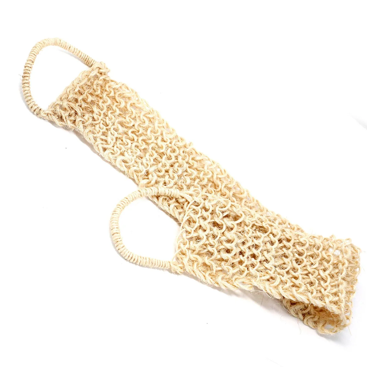 Natural sisal sponge with rope handle for exfoliating back scrub on white background