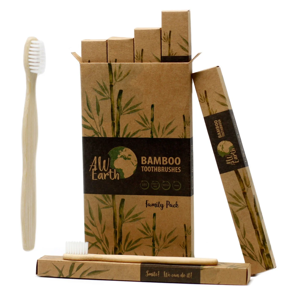 Four white bamboo toothbrushes with medium soft bristles in a family pack bamboo toothbrush family pack
