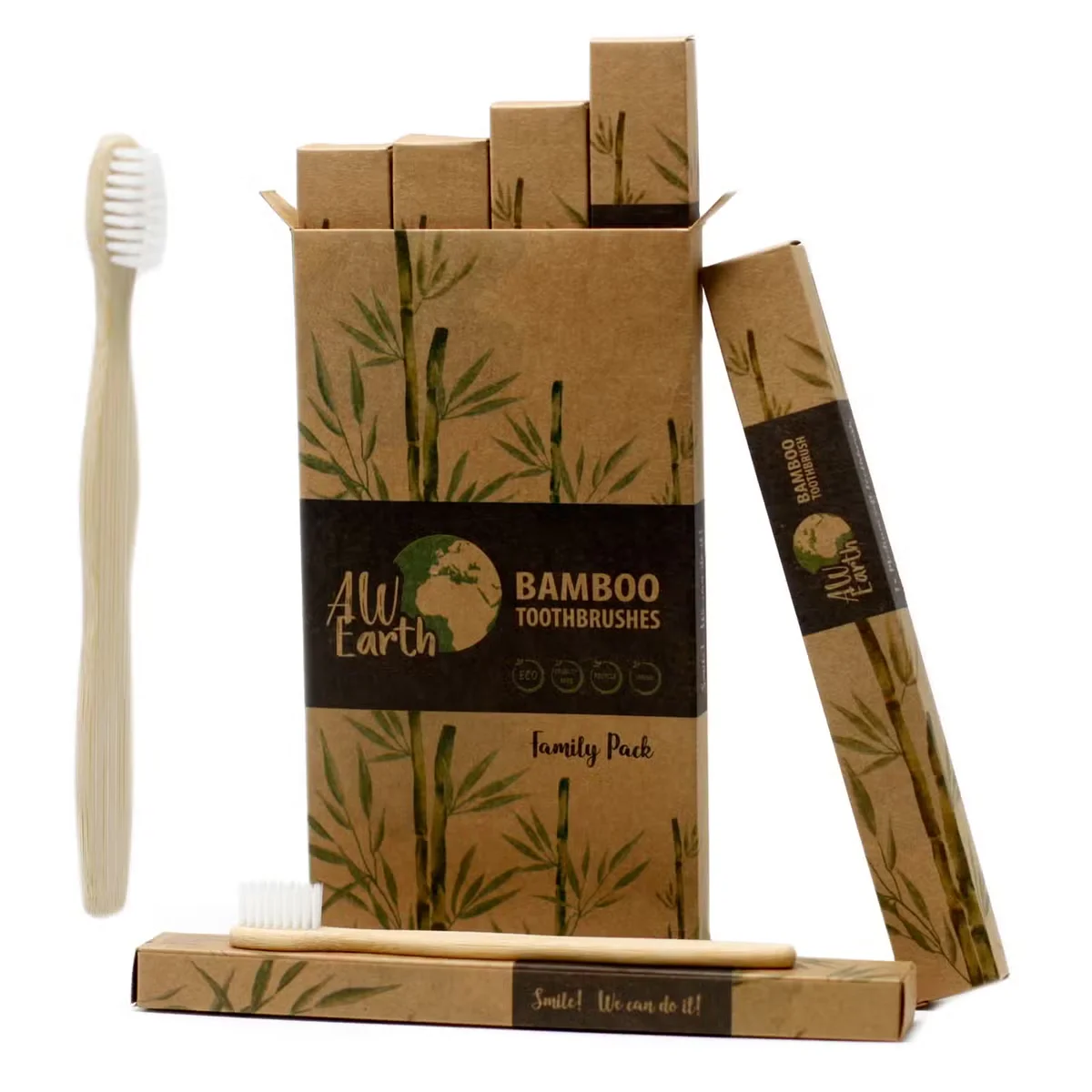 Four white bamboo toothbrushes with medium soft bristles arranged side by side, eco friendly toothbrush family pack