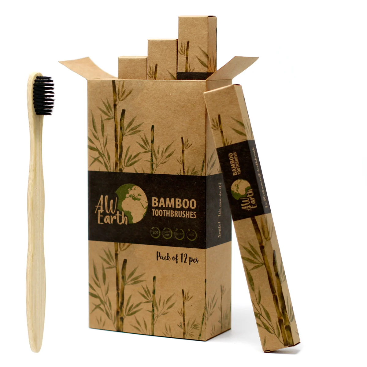 Medium soft bamboo toothbrush with charcoal bristles, eco friendly toothbrush designed for gentle cleaning