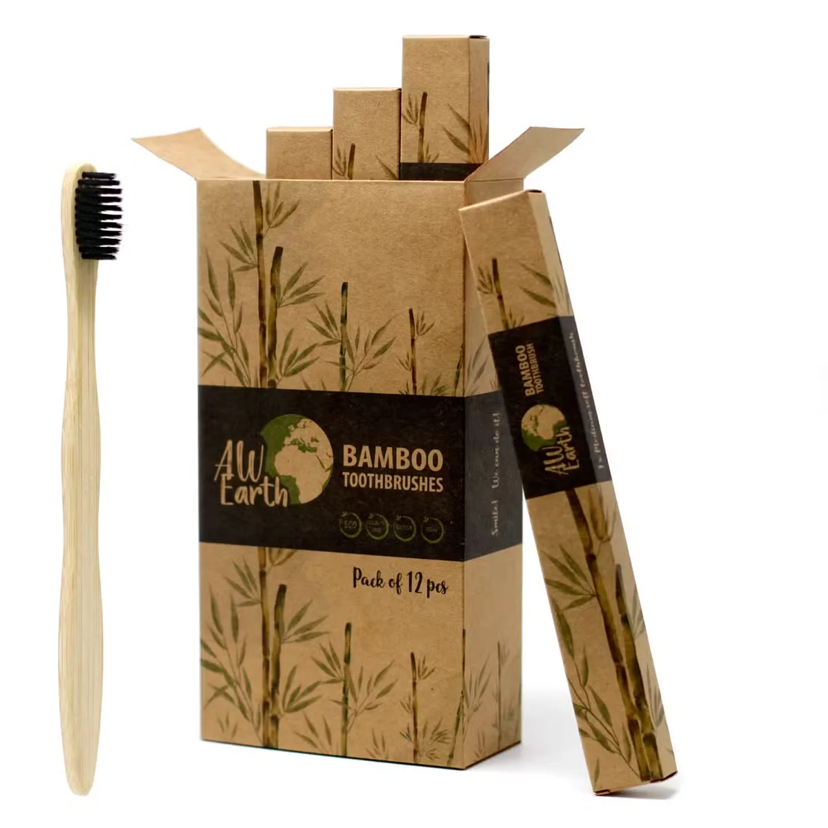 Charcoal toothbrush UK with medium soft bristles and bamboo handle displayed against white background, position 3 view