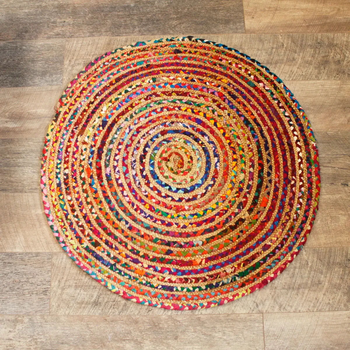 Round jute and recycled cotton rug, 90 cm diameter, natural woven texture.