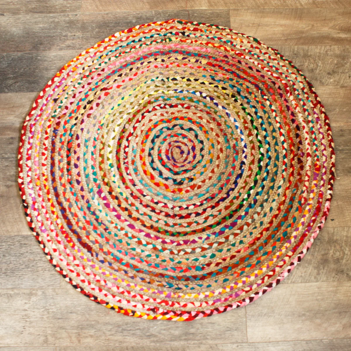 120 cm round rug made from jute and recycled cotton, featuring a natural, woven texture