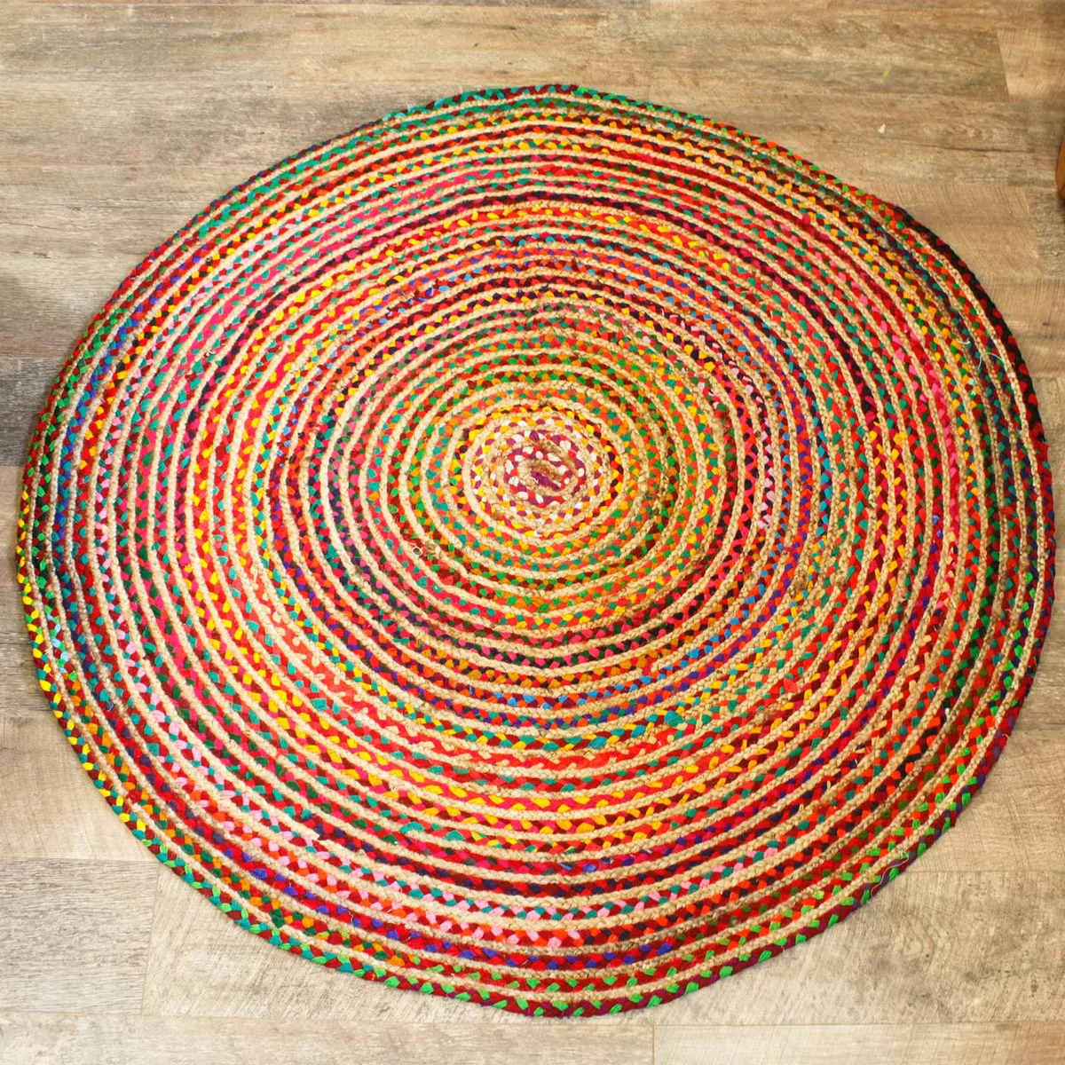 150 cm rug, round jute and recycled cotton weave in neutral earthy tones.