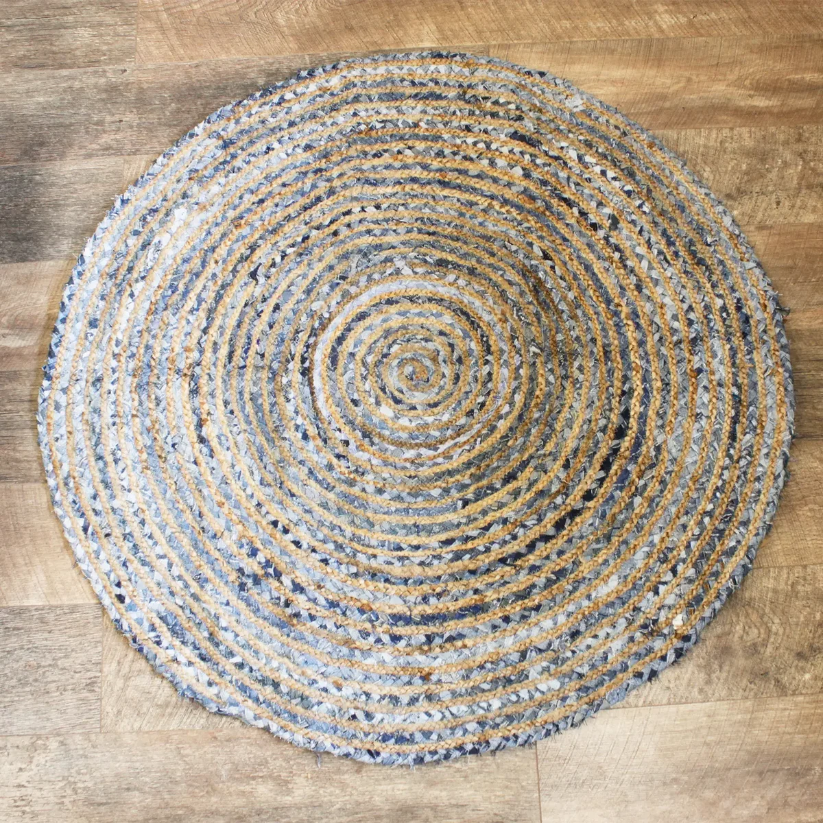 Round jute and recycled denim rug, 120 cm, natural earthy texture.